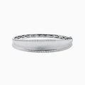 The 925 Sterling Silver Diamond Accented Bangle features a smooth, slightly curved center, two rows of sparkling stones along the edges, and a decorative lattice pattern inside.