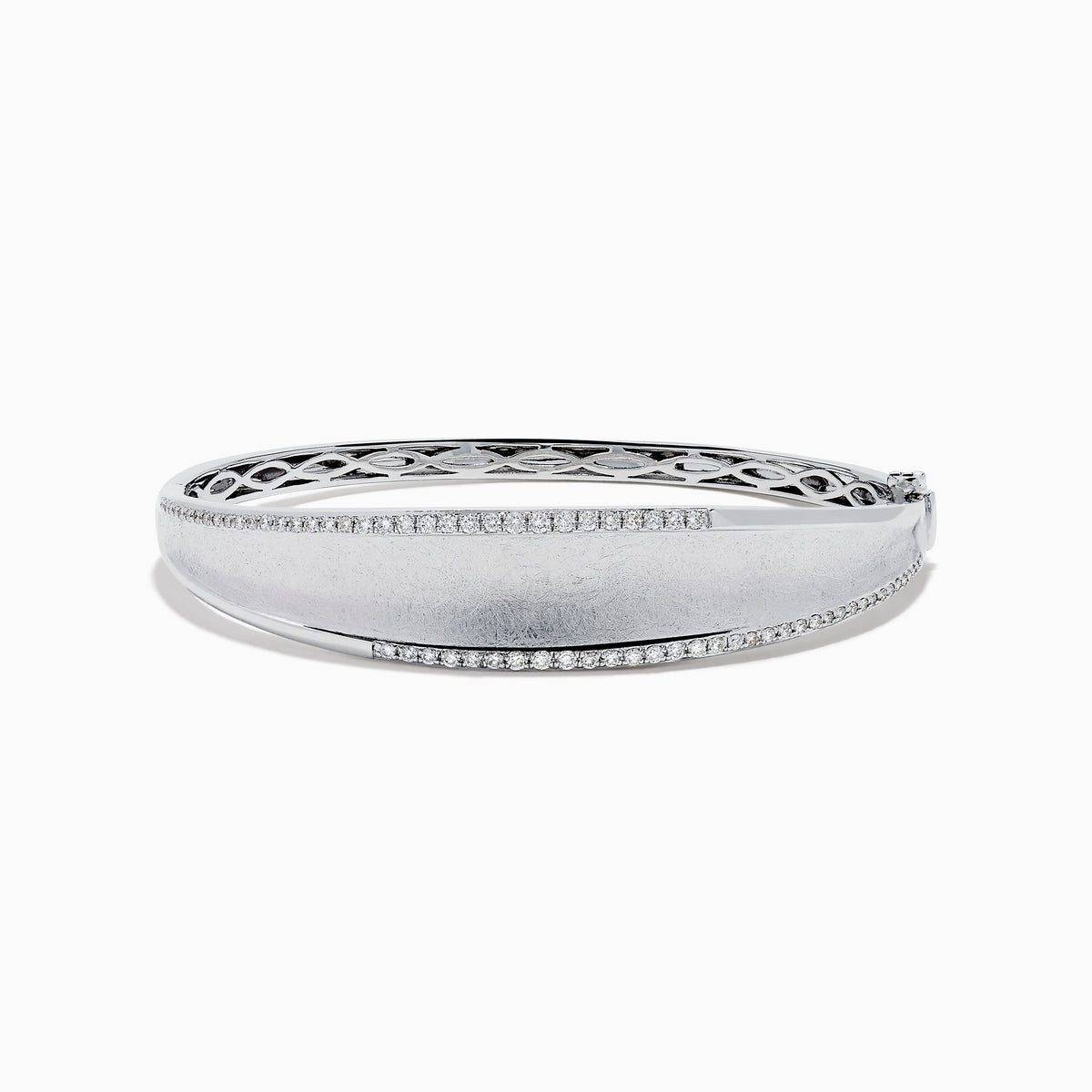 The 925 Sterling Silver Diamond Accented Bangle features a smooth, slightly curved center, two rows of sparkling stones along the edges, and a decorative lattice pattern inside.