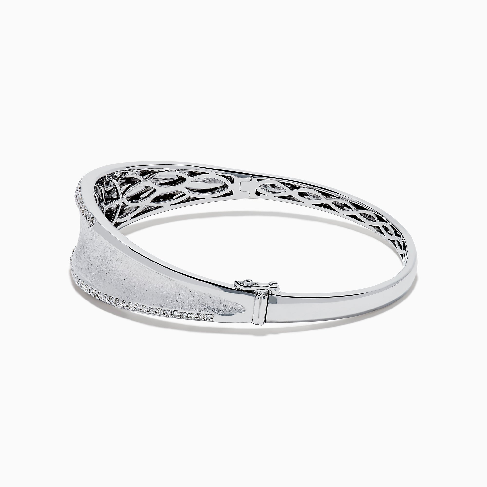 The 925 Sterling Silver Diamond Accented Bangle features a smooth, slightly curved center, two rows of sparkling stones along the edges, and a decorative lattice pattern inside.