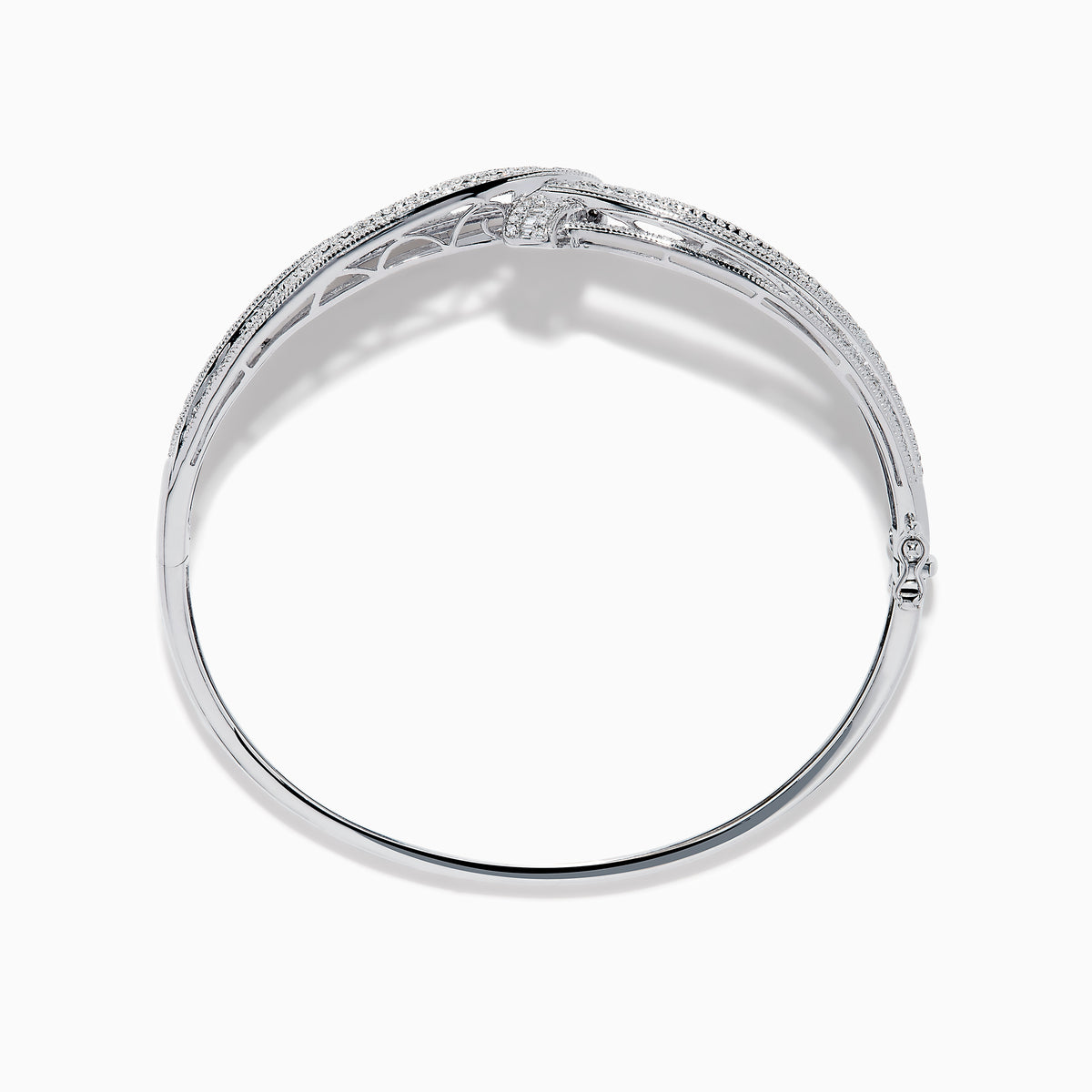 The Classique 14K White Gold Diamond Crossover Bangle features a twisted knot design with sparkling diamonds, shown against a plain white background.