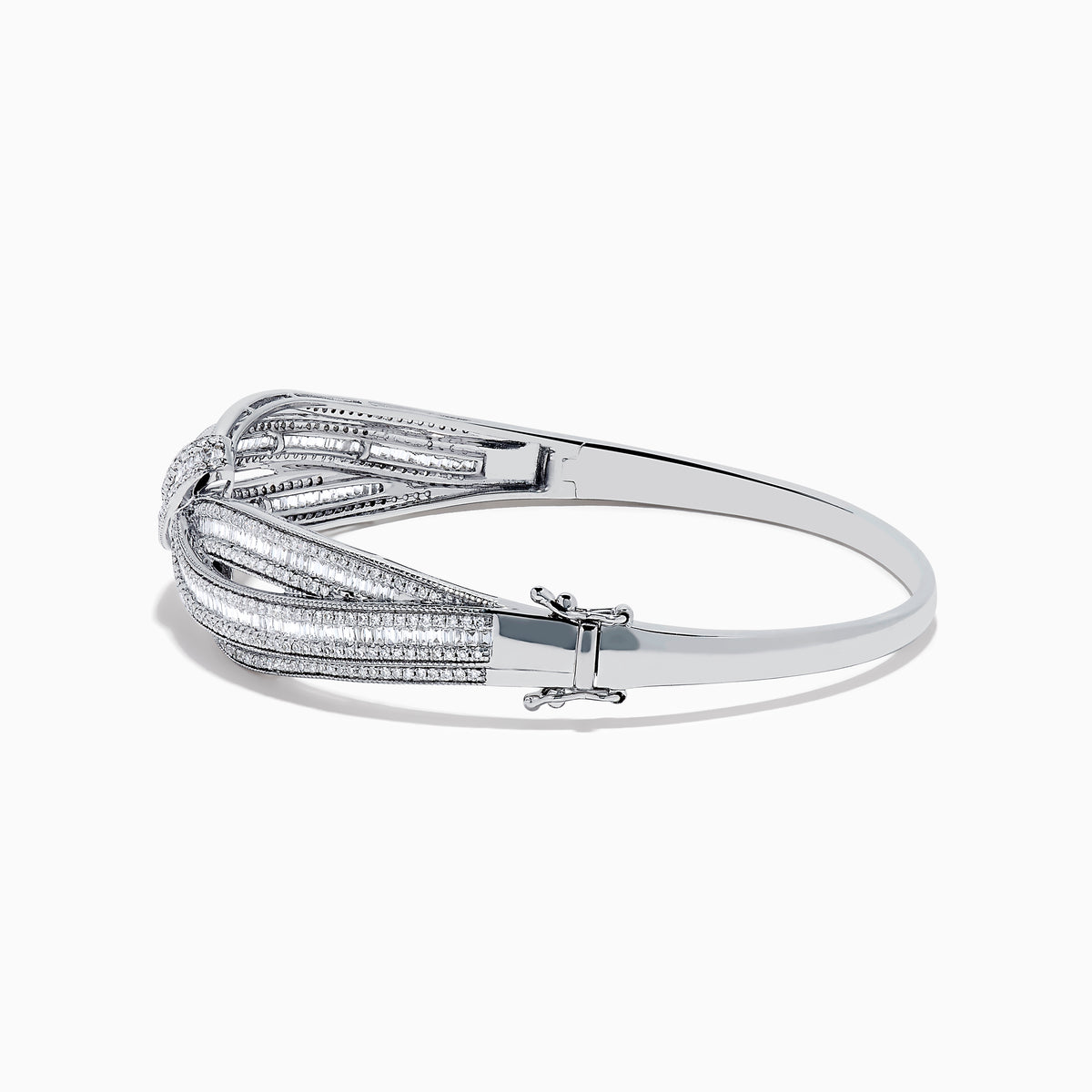 The Classique 14K White Gold Diamond Crossover Bangle features a twisted knot design with sparkling diamonds, shown against a plain white background.