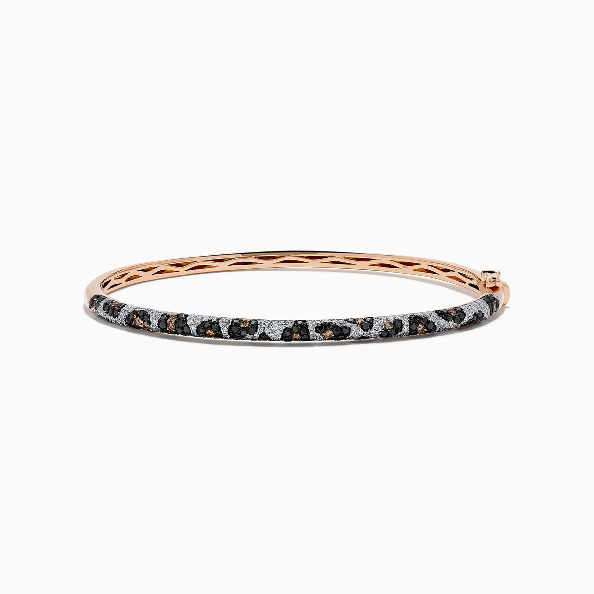The Signature 14K Rose Gold Diamond Panther Print Bangle Bracelet features a textured band with black, silver, and gold panther print and a secure clasp for modern, effortless style.