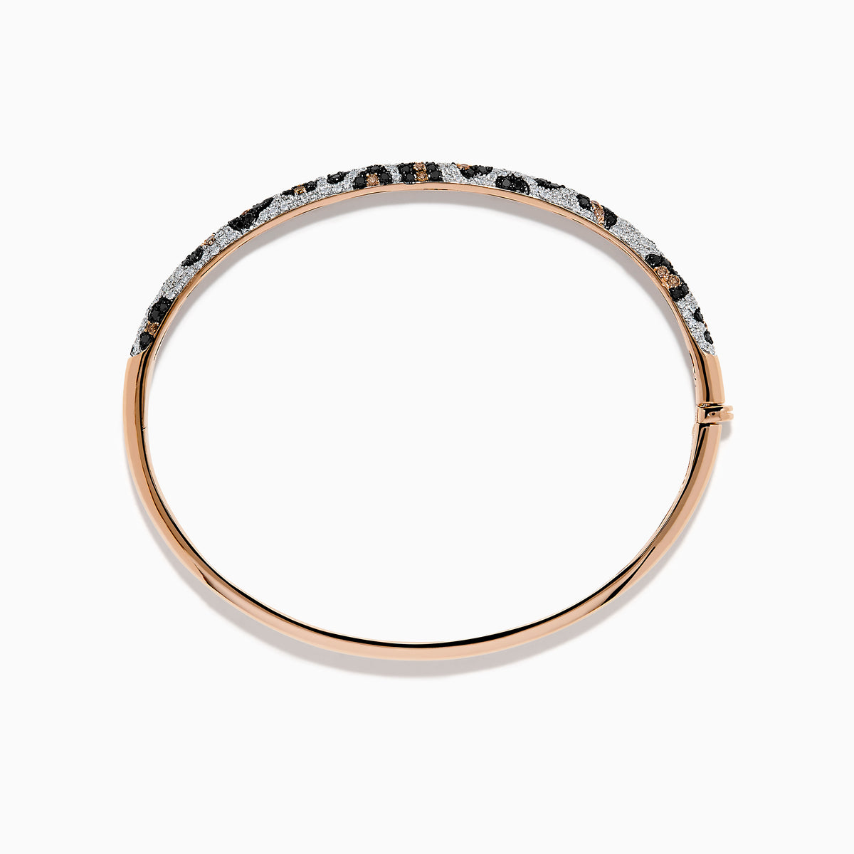 The Signature 14K Rose Gold Diamond Panther Print Bangle Bracelet features a textured band with black, silver, and gold panther print and a secure clasp for modern, effortless style.