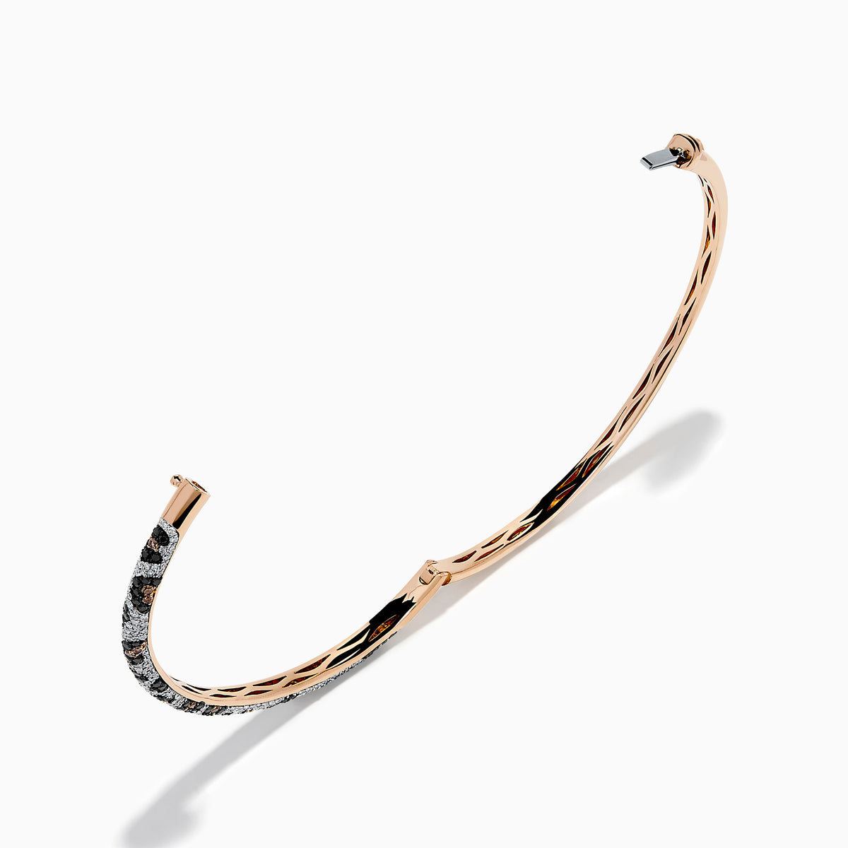 The Signature 14K Rose Gold Diamond Panther Print Bangle Bracelet features a textured band with black, silver, and gold panther print and a secure clasp for modern, effortless style.