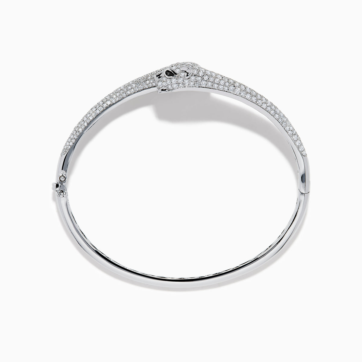 The Signature 14K White Gold White and Black Diamond Panther Bypass Bangle showcases two panther heads with sparkling diamond accents facing each other in an elegant, bypass-style design.