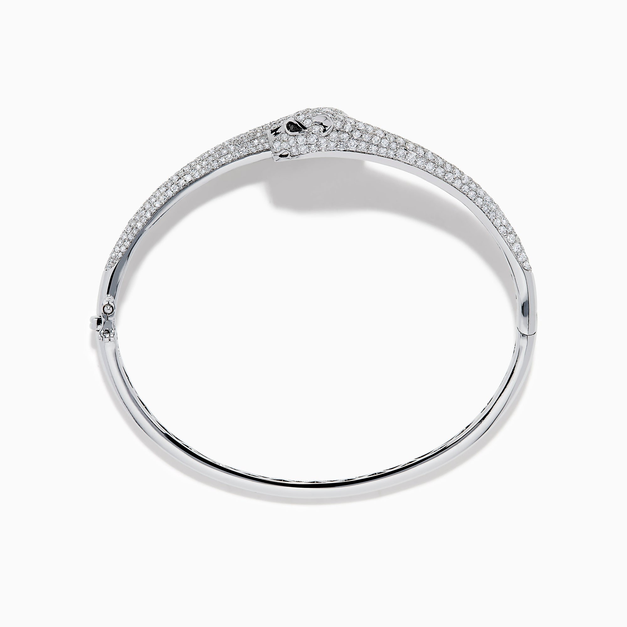 The Signature 14K White Gold White and Black Diamond Panther Bypass Bangle showcases two panther heads with sparkling diamond accents facing each other in an elegant, bypass-style design.