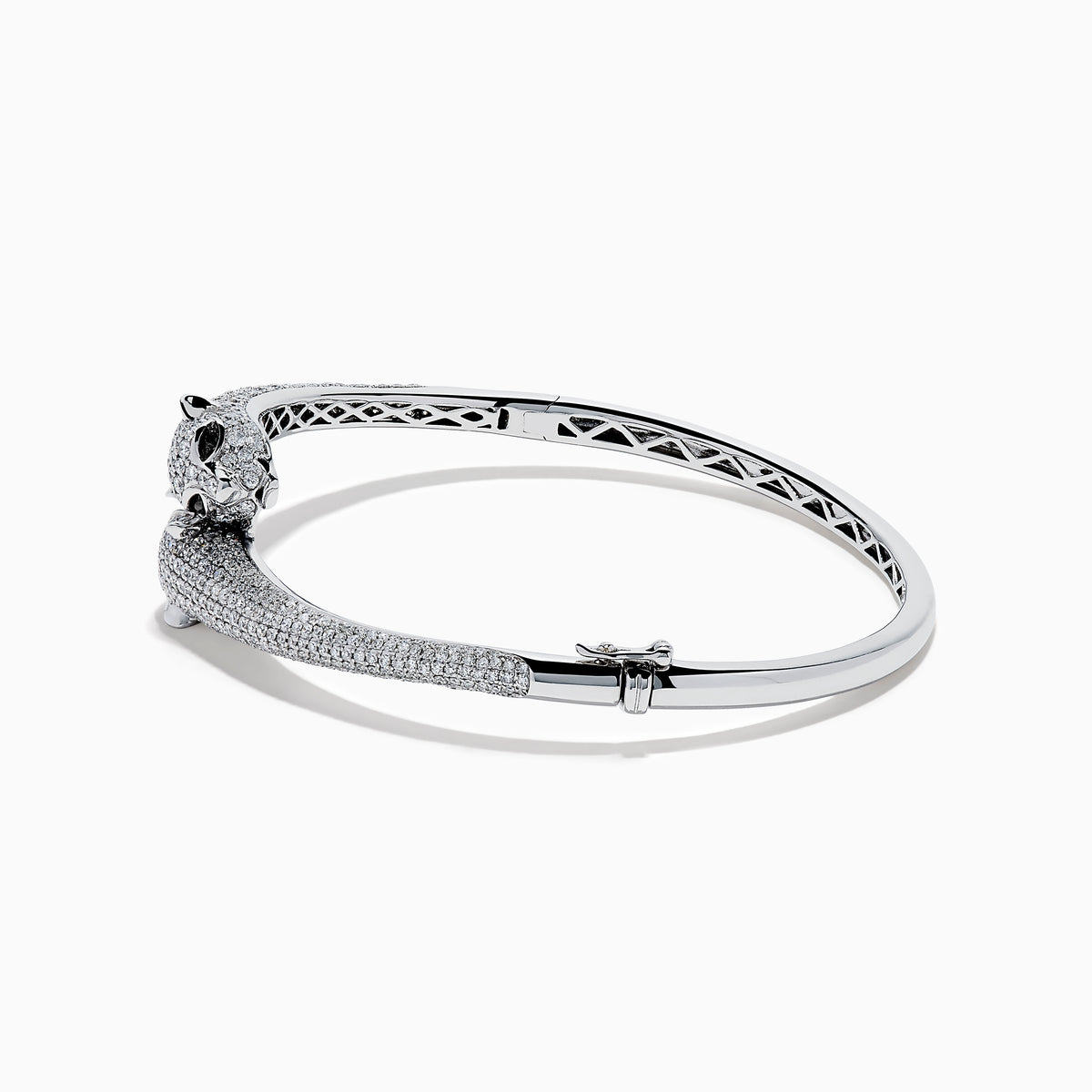 The Signature 14K White Gold White and Black Diamond Panther Bypass Bangle showcases two panther heads with sparkling diamond accents facing each other in an elegant, bypass-style design.