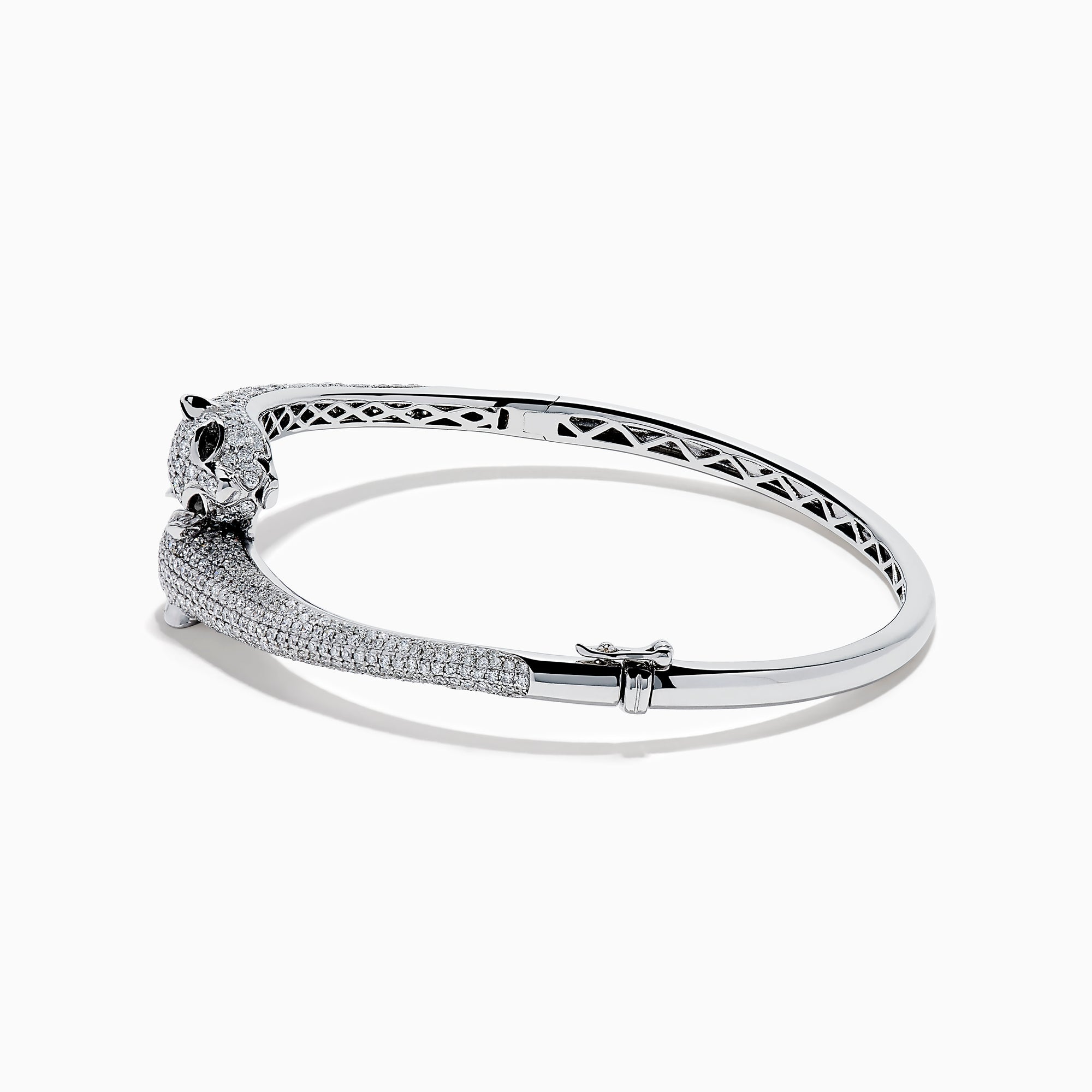 The Signature 14K White Gold White and Black Diamond Panther Bypass Bangle showcases two panther heads with sparkling diamond accents facing each other in an elegant, bypass-style design.