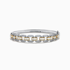 Introducing the 14K Two Tone Diamond Chain-Link Bangle: a refined bracelet crafted with alternating gold and silver rectangular links, each embellished with delicate diamonds for an elegant, luxurious look against a white background.
