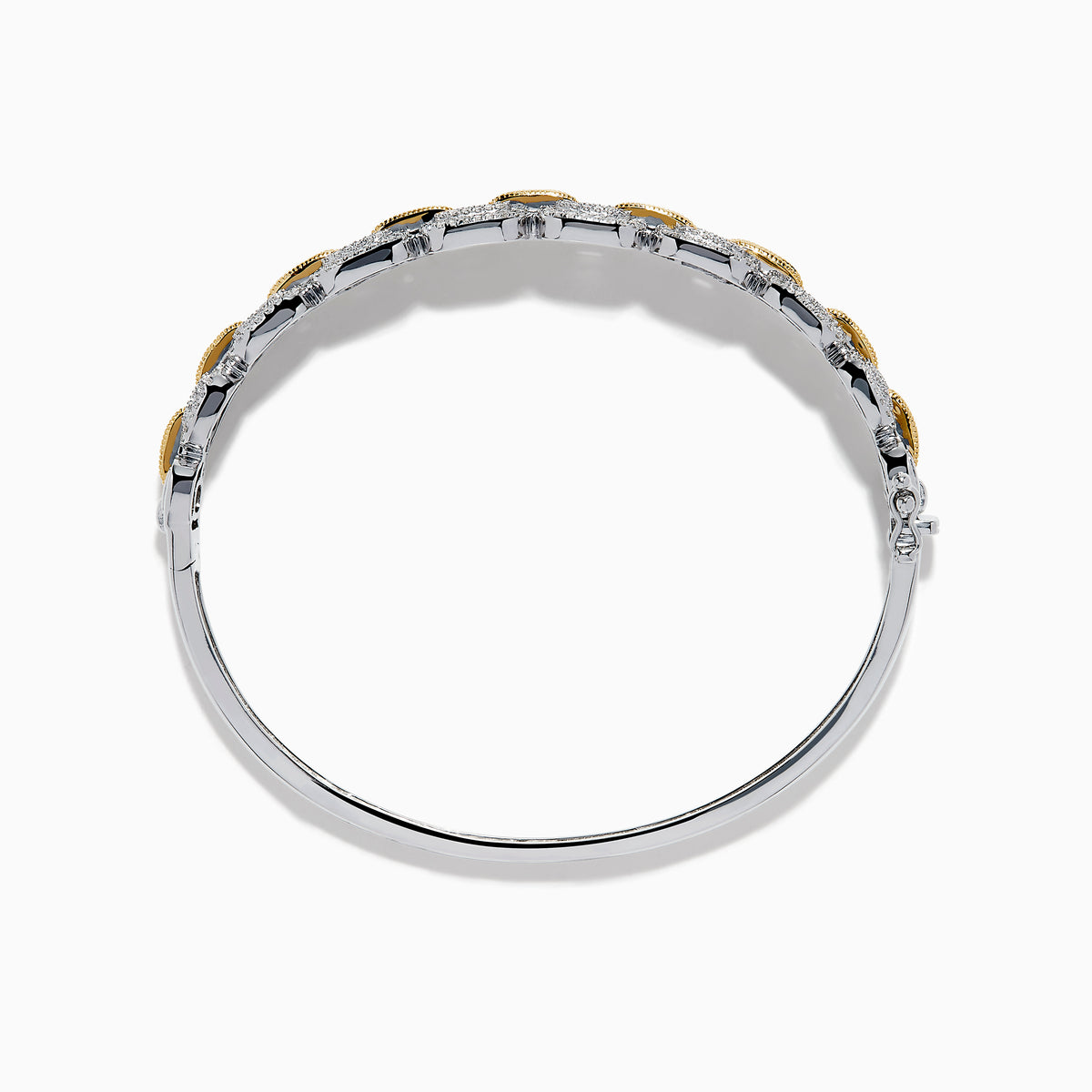 Introducing the 14K Two Tone Diamond Chain-Link Bangle: a refined bracelet crafted with alternating gold and silver rectangular links, each embellished with delicate diamonds for an elegant, luxurious look against a white background.