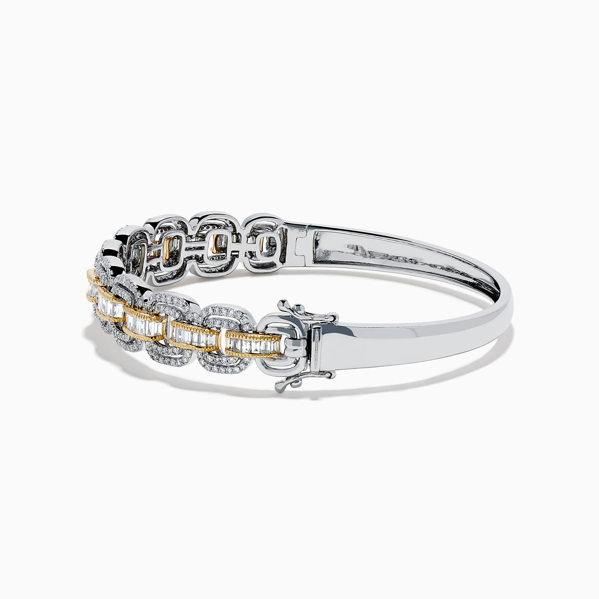 Introducing the 14K Two Tone Diamond Chain-Link Bangle: a refined bracelet crafted with alternating gold and silver rectangular links, each embellished with delicate diamonds for an elegant, luxurious look against a white background.
