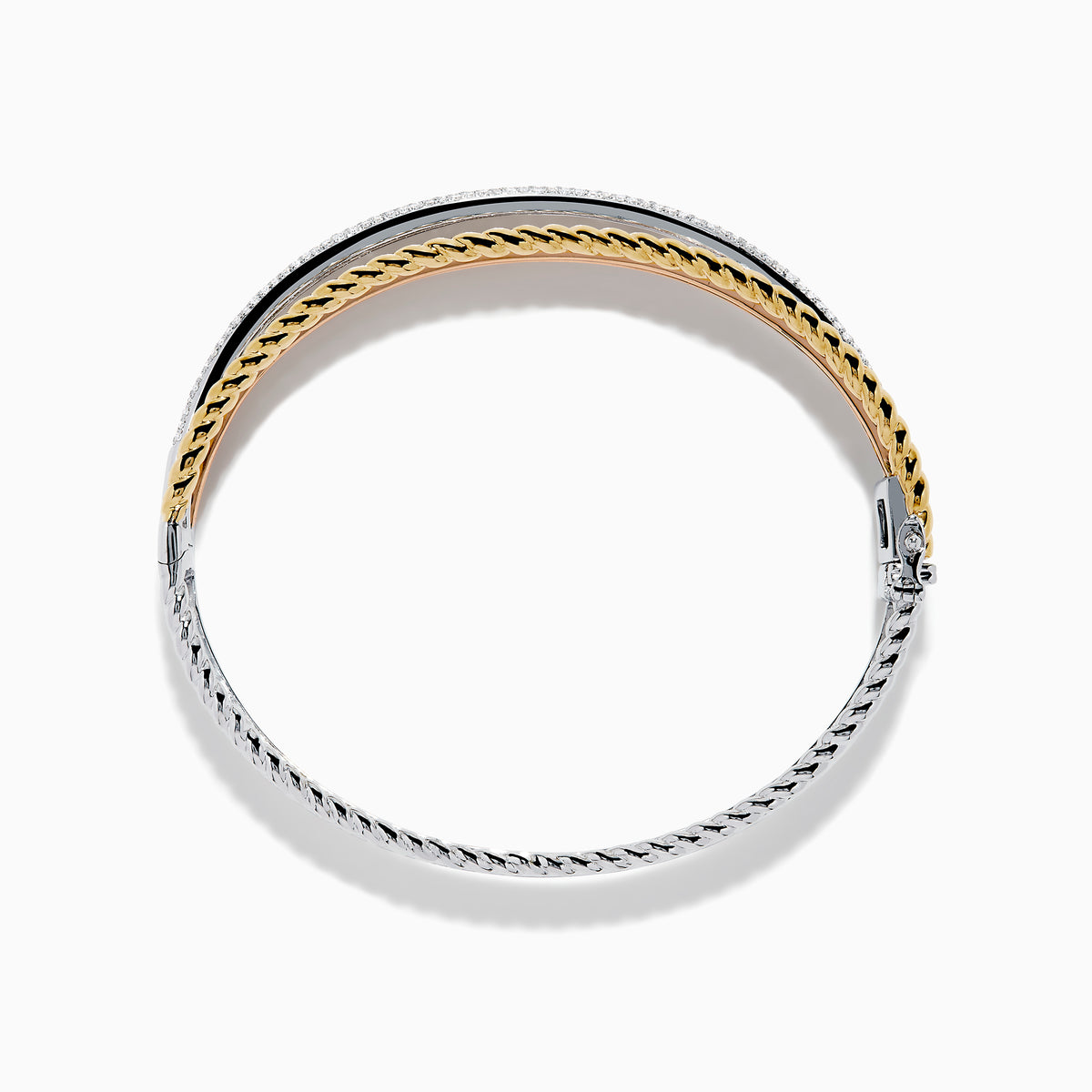 The Trio 14K Tri-Color Gold Crossover Diamond Bangle showcases intertwined strands of silver, gold, and rose gold tones, with one strand sparkling with diamond accents for a stylish look.