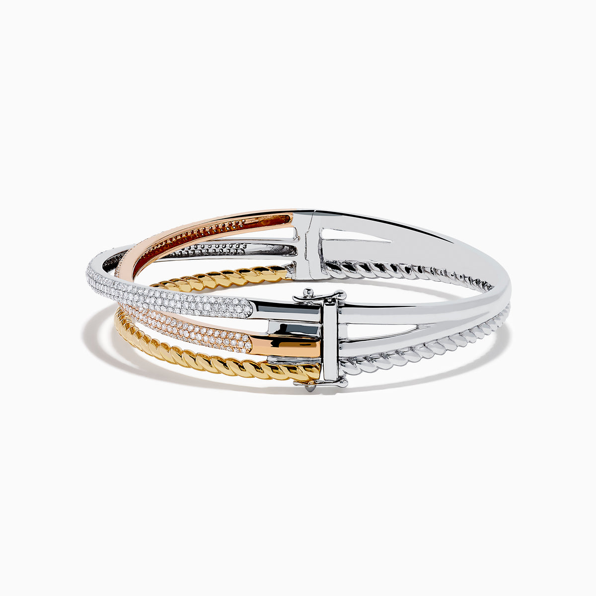 The Trio 14K Tri-Color Gold Crossover Diamond Bangle showcases intertwined strands of silver, gold, and rose gold tones, with one strand sparkling with diamond accents for a stylish look.