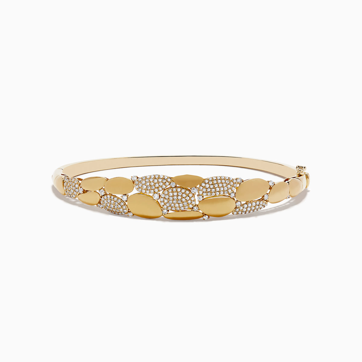 The 14K Yellow Gold Pave Diamond Bangle features alternating smooth gold and pavé diamond oval segments, shown on a white background.