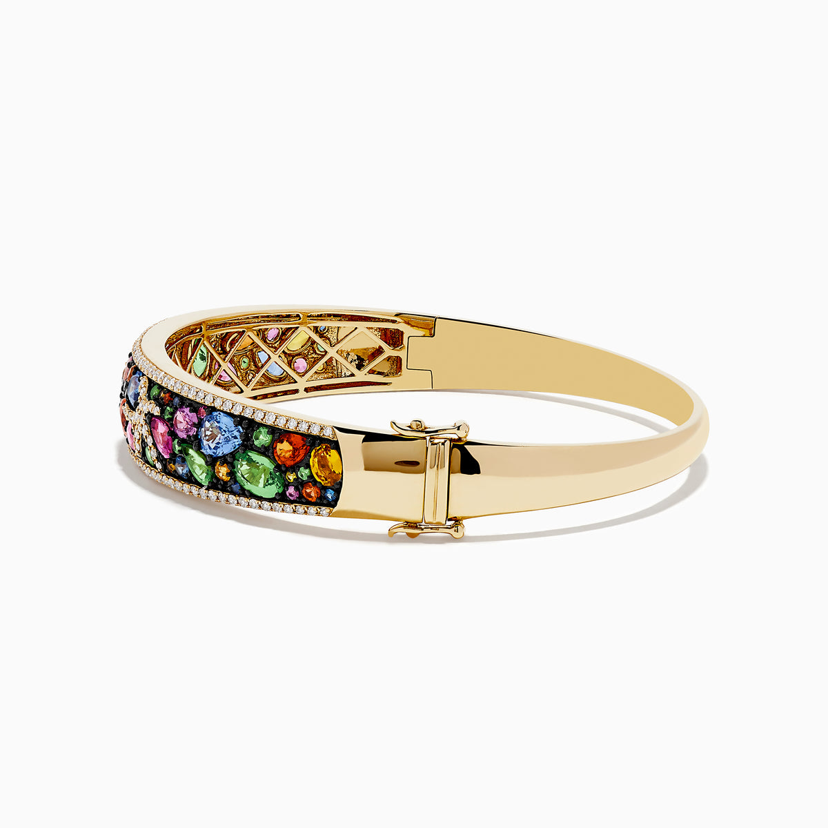 The Watercolors 14K Yellow Gold Multi Sapphire and Diamond Starfish Bracelet features a vibrant starfish design with colorful sapphires and sparkling diamonds on a rich, dark backdrop.