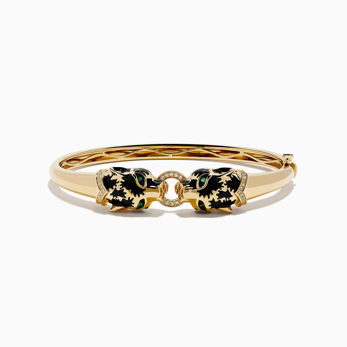 The Signature 14K Yellow Gold Diamond and Emerald Panther Bangle features two emerald-eyed panther heads facing each other, joined by a gold ring set with sparkling diamonds.