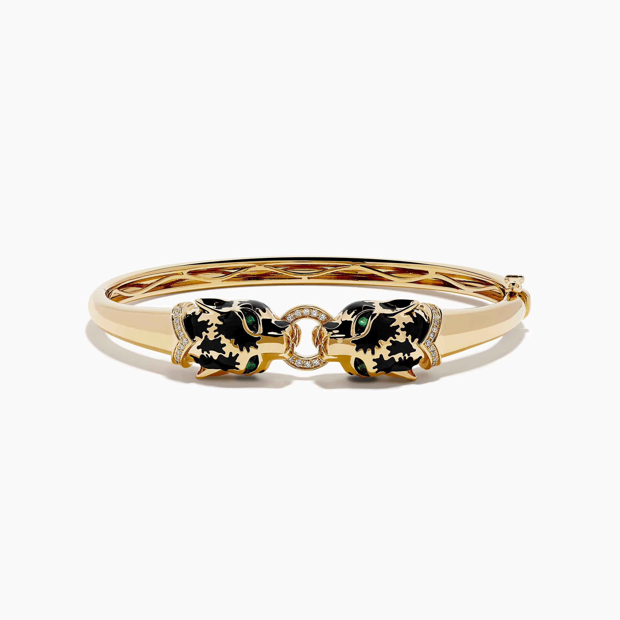 The Signature 14K Yellow Gold Diamond and Emerald Panther Bangle features two emerald-eyed panther heads facing each other, joined by a gold ring set with sparkling diamonds.
