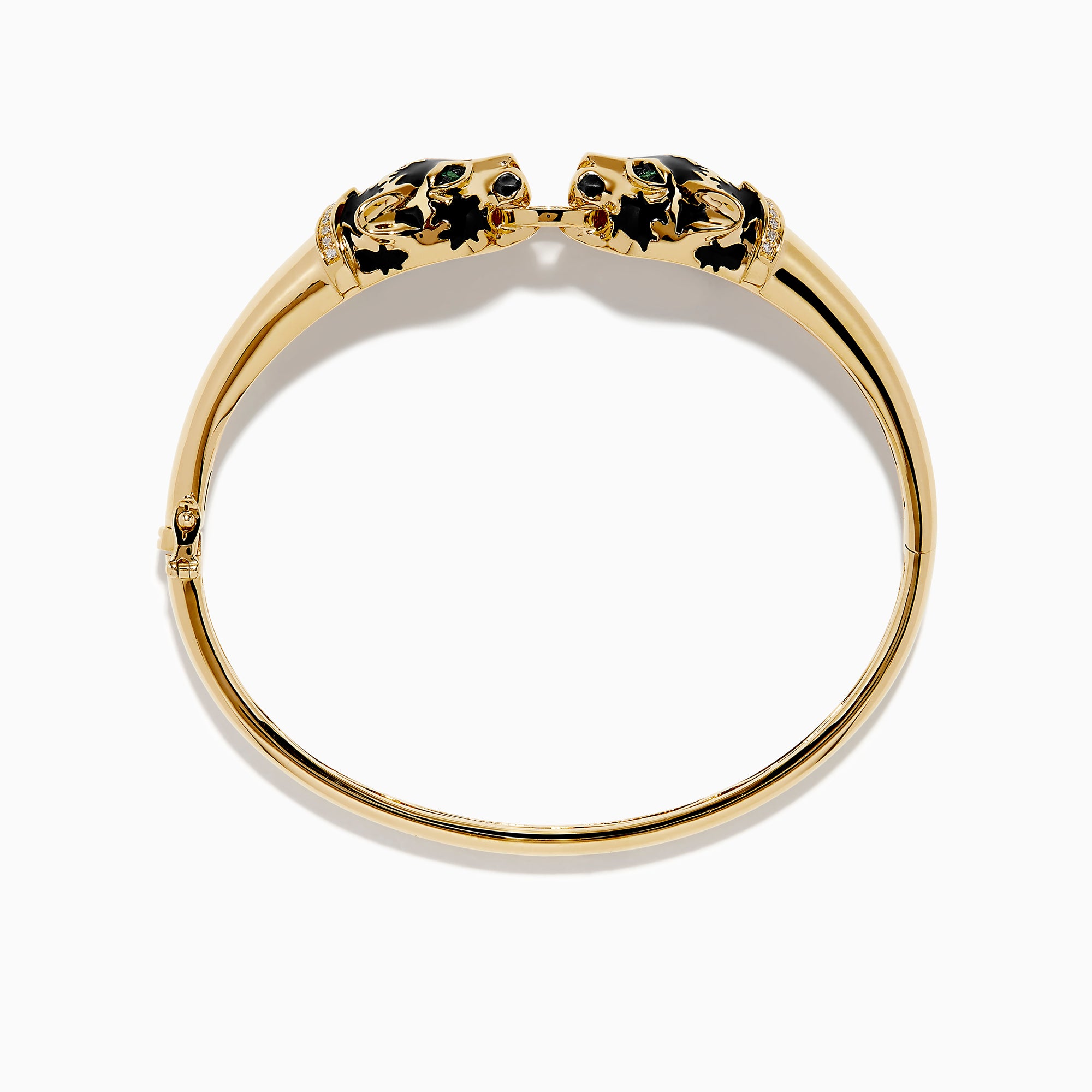 The Signature 14K Yellow Gold Diamond and Emerald Panther Bangle features two emerald-eyed panther heads facing each other, joined by a gold ring set with sparkling diamonds.