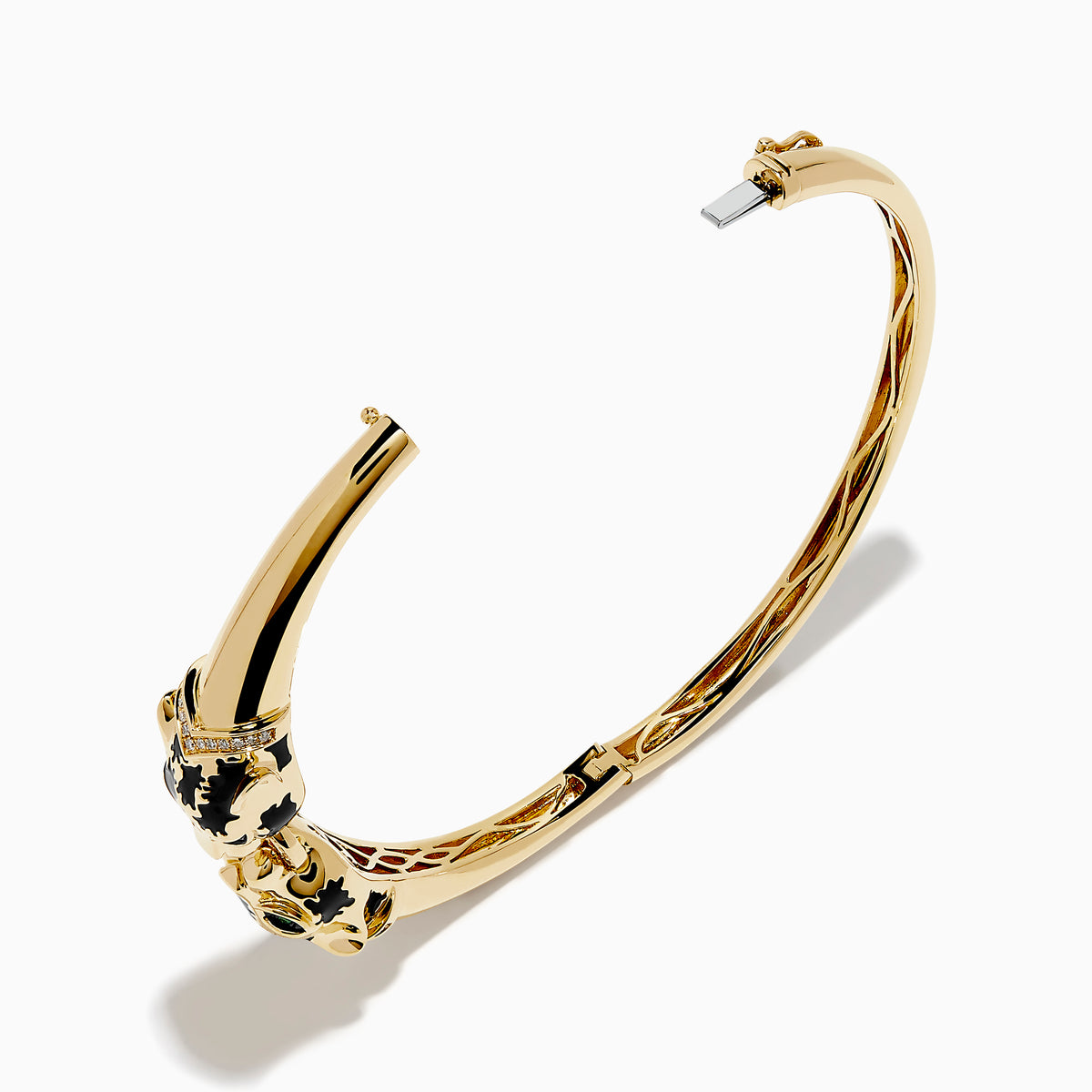 The Signature 14K Yellow Gold Diamond and Emerald Panther Bangle features two emerald-eyed panther heads facing each other, joined by a gold ring set with sparkling diamonds.
