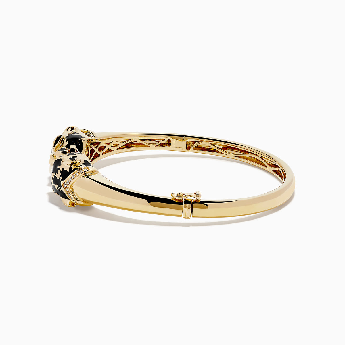 The Signature 14K Yellow Gold Diamond and Emerald Panther Bangle features two emerald-eyed panther heads facing each other, joined by a gold ring set with sparkling diamonds.