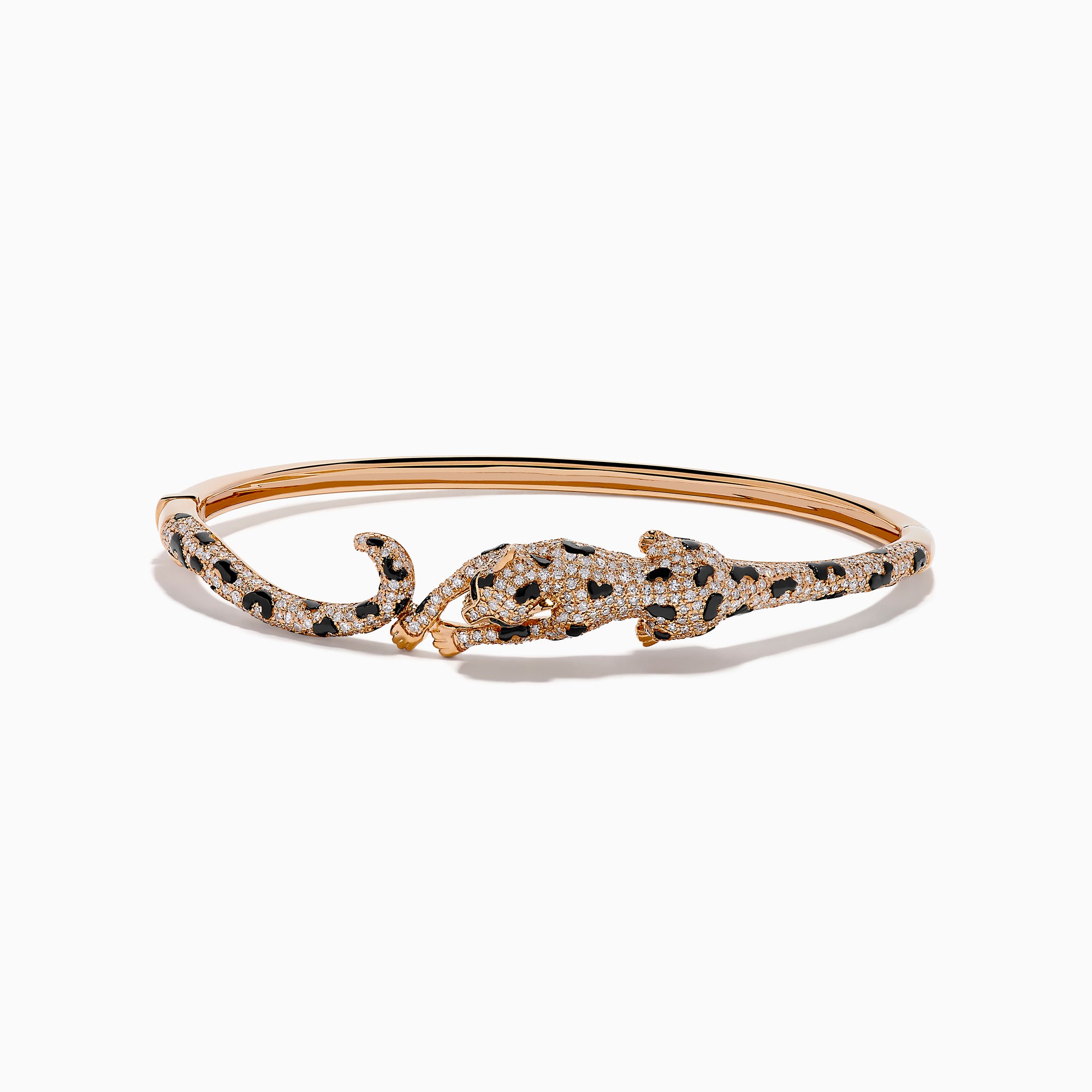 The Signature 14K Rose Gold Diamond and Emerald Panther Bangle features a panther design with its head and tail meeting at the front, adorned with sparkling diamonds and emeralds.