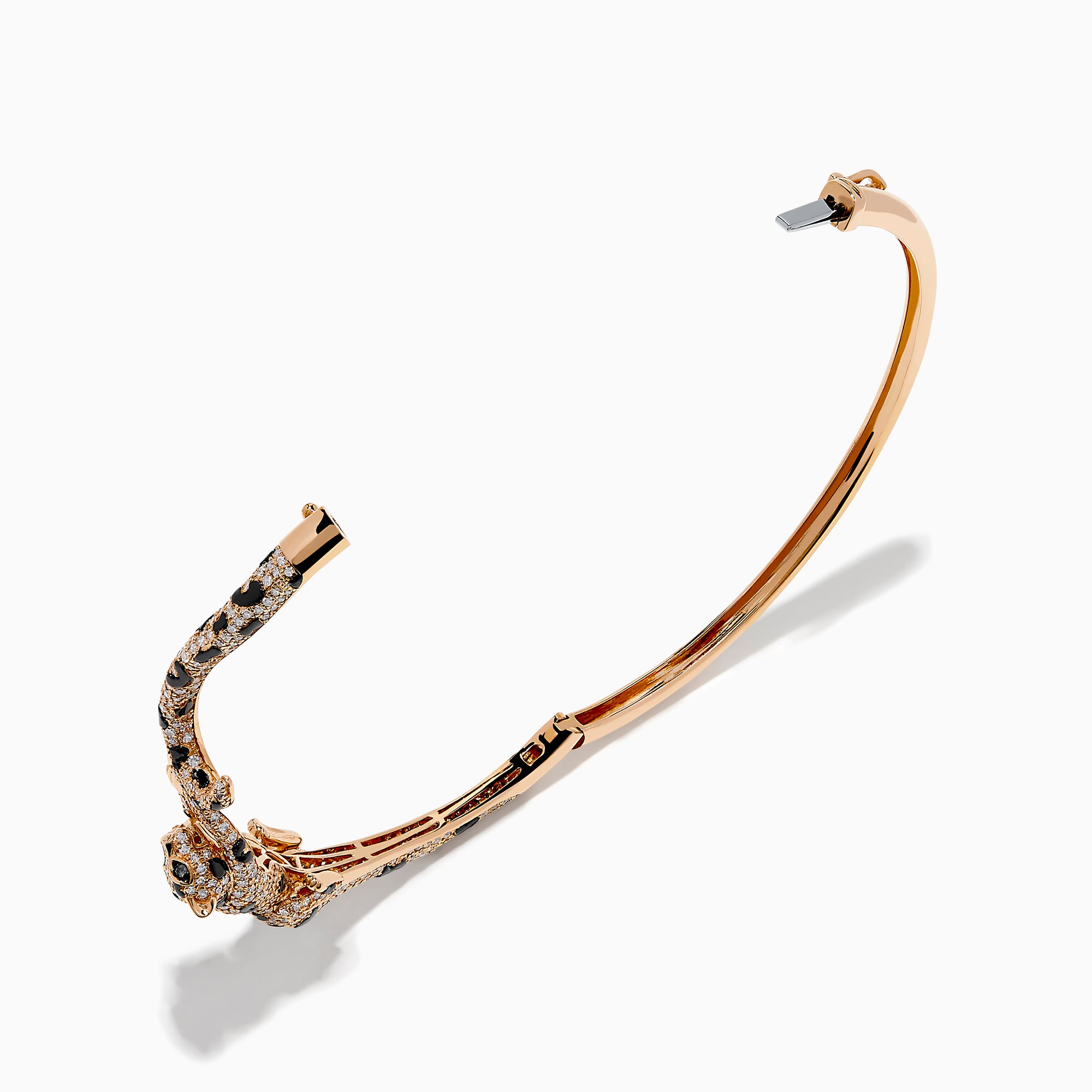 The Signature 14K Rose Gold Diamond and Emerald Panther Bangle features a panther design with its head and tail meeting at the front, adorned with sparkling diamonds and emeralds.