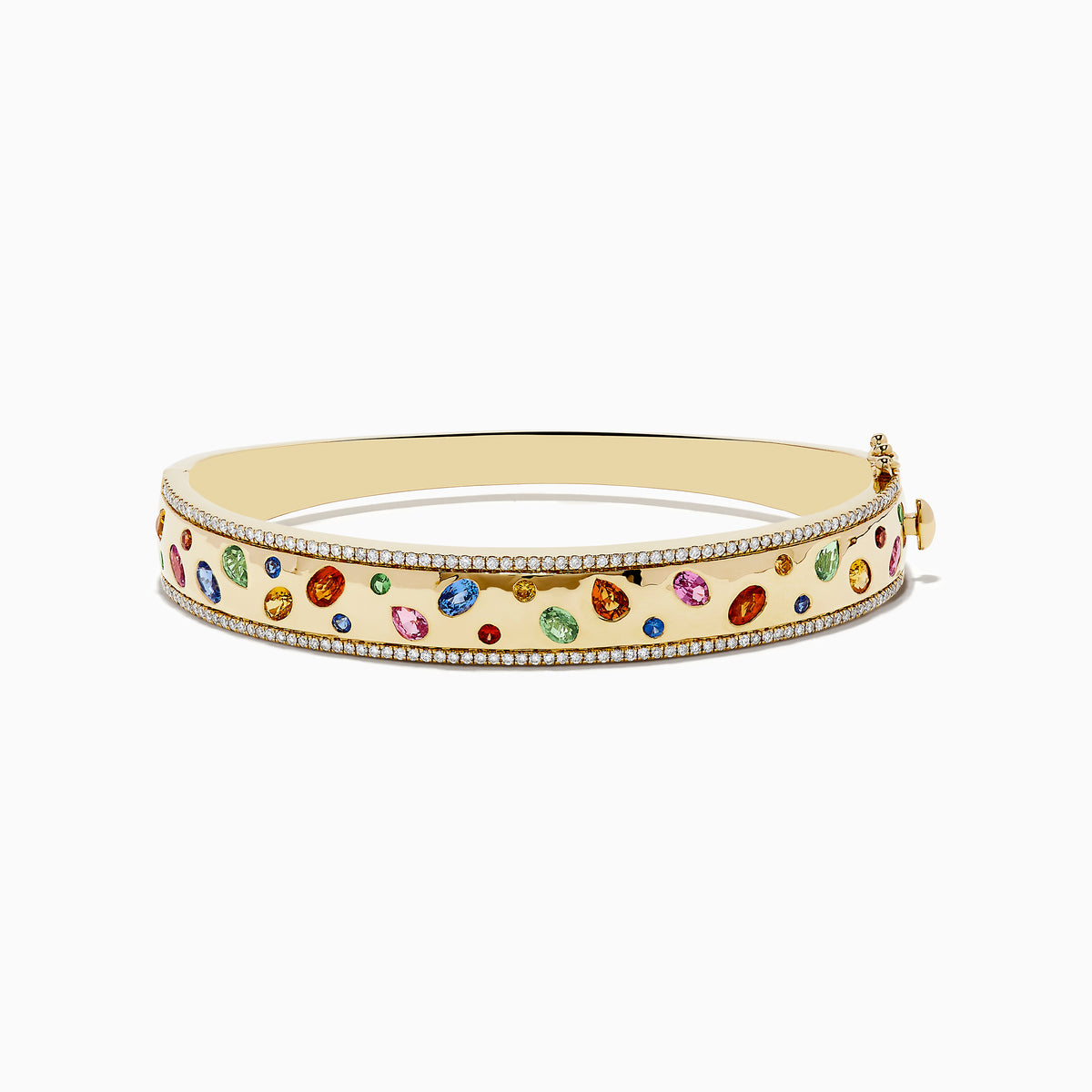 The Watercolor 14k Yellow Gold Bezel Set Multi Sapphire Bangle features vibrant sapphires set in 14k yellow gold, bordered with sparkling white diamonds for an elegant touch.