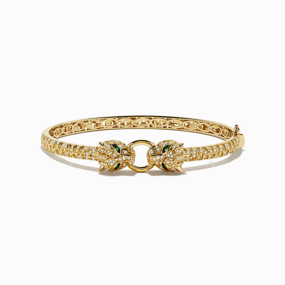 The Signature 14K Yellow Gold Emerald and Diamond Panther Bangle features two facing leopard heads with emerald-green eyes and pavé-set diamonds along the band, inspired by the iconic panther design.