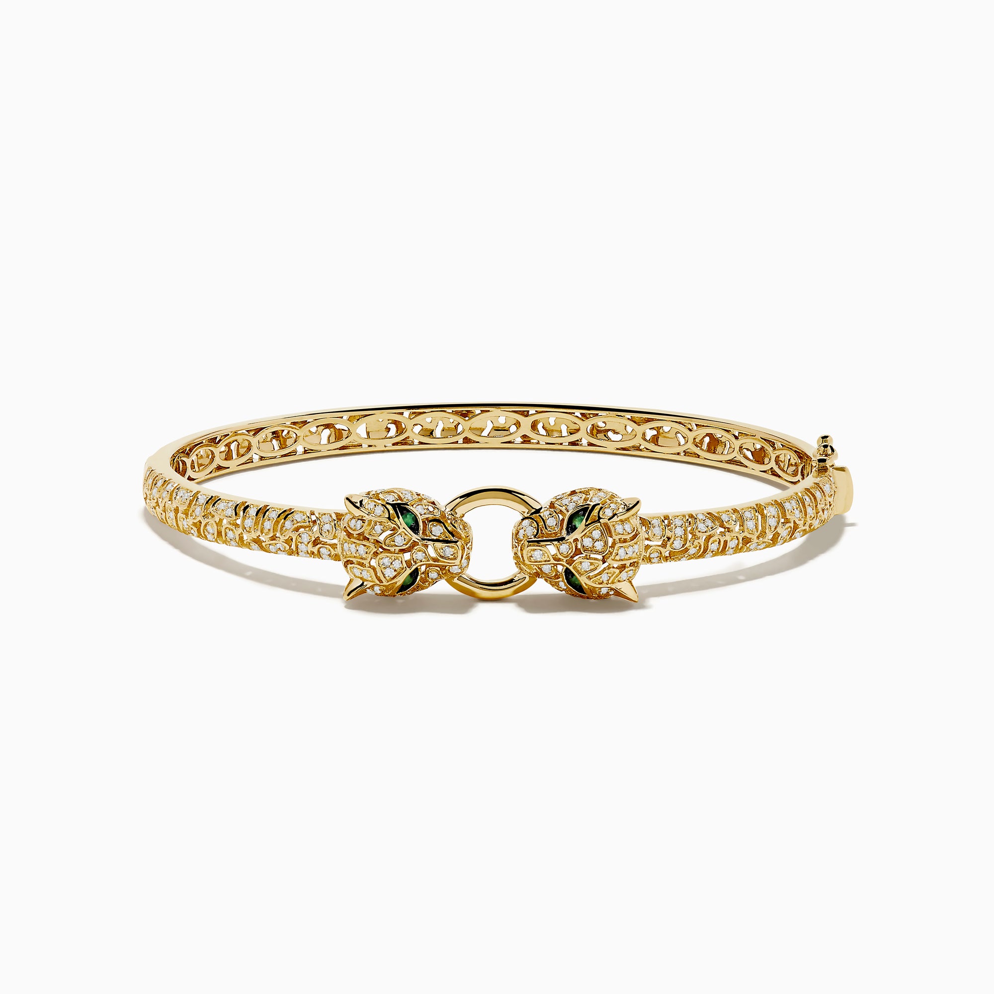 The Signature 14K Yellow Gold Emerald and Diamond Panther Bangle features two facing leopard heads with emerald-green eyes and pavé-set diamonds along the band, inspired by the iconic panther design.
