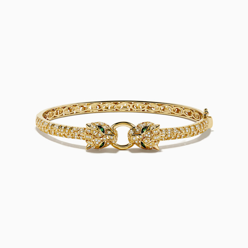 The Signature 14K Yellow Gold Emerald and Diamond Panther Bangle features two facing leopard heads with emerald-green eyes and pavé-set diamonds along the band, inspired by the iconic panther design.