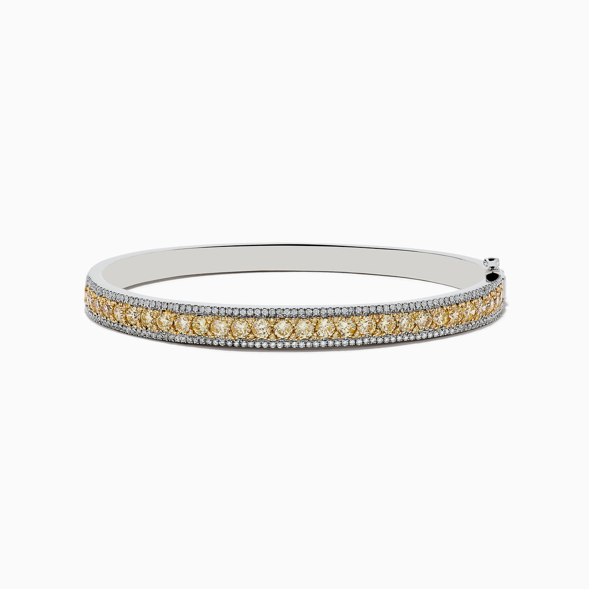 The Canare 14k White Gold Yellow Diamond Bangle 3.40 TCW features a center row of yellow diamonds flanked by two rows of small white diamonds, displayed against a plain white background.