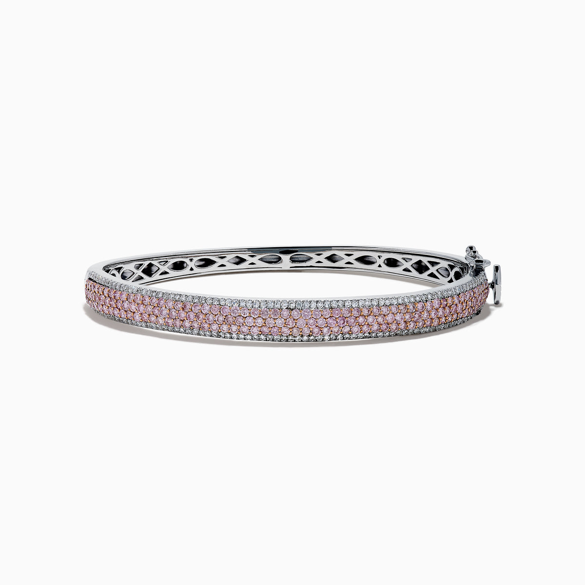 The 14K Two Tone Gold Pink and White Diamond Bangle features an intricate cutout design, accented by a central band with sparkling pink and white diamonds.