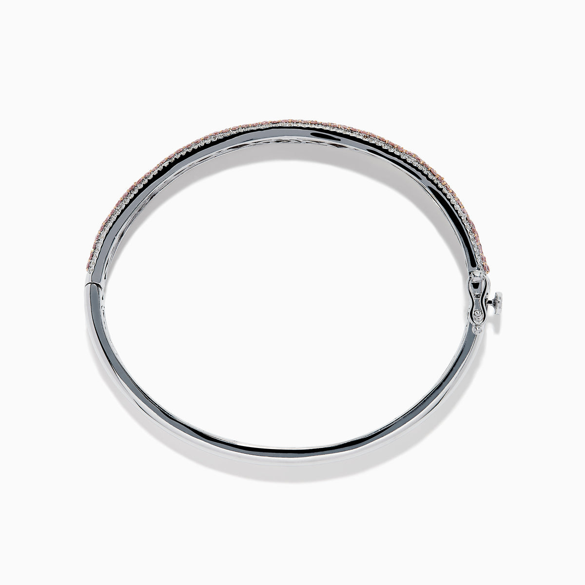 The 14K Two Tone Gold Pink and White Diamond Bangle features an intricate cutout design, accented by a central band with sparkling pink and white diamonds.