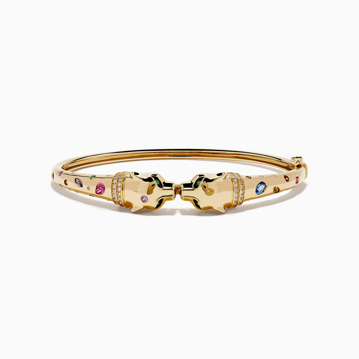 The Signature 14K Yellow Gold Multi Sapphire and Diamond Panther Bangle features two interlocking panther head motifs at the center, adorned with colorful sapphires and small diamonds.