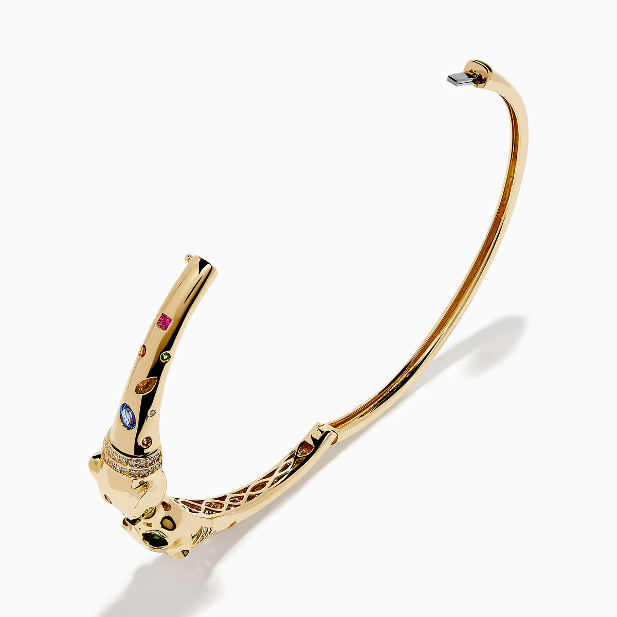 The Signature 14K Yellow Gold Multi Sapphire and Diamond Panther Bangle features two interlocking panther head motifs at the center, adorned with colorful sapphires and small diamonds.