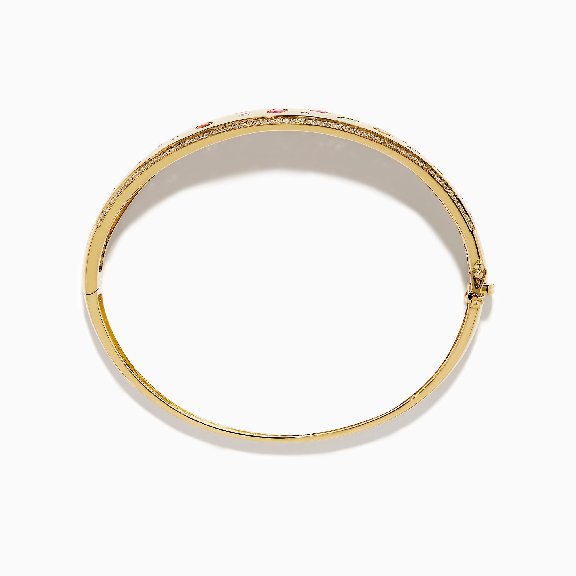 The Watercolors 14K Yellow Gold Multi Sapphire Diamond Bangle features sparkling diamonds and vibrant multi-colored sapphires in various shapes, all set against a plain white background.