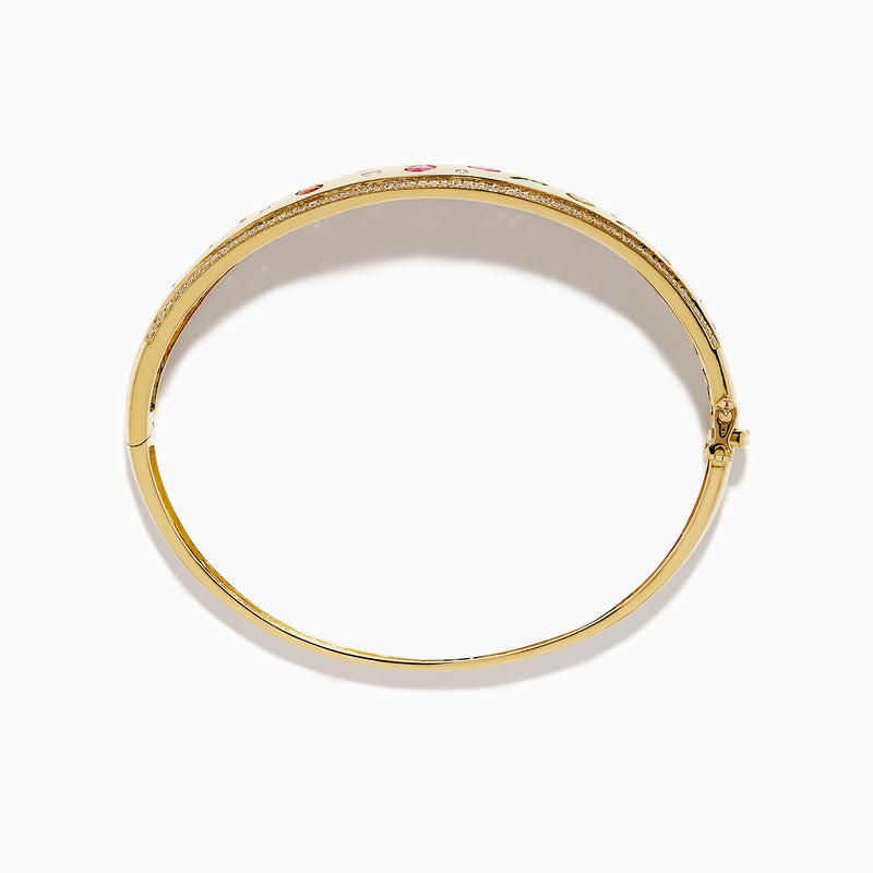 The Watercolors 14K Yellow Gold Multi Sapphire Diamond Bangle features sparkling diamonds and vibrant multi-colored sapphires in various shapes, all set against a plain white background.