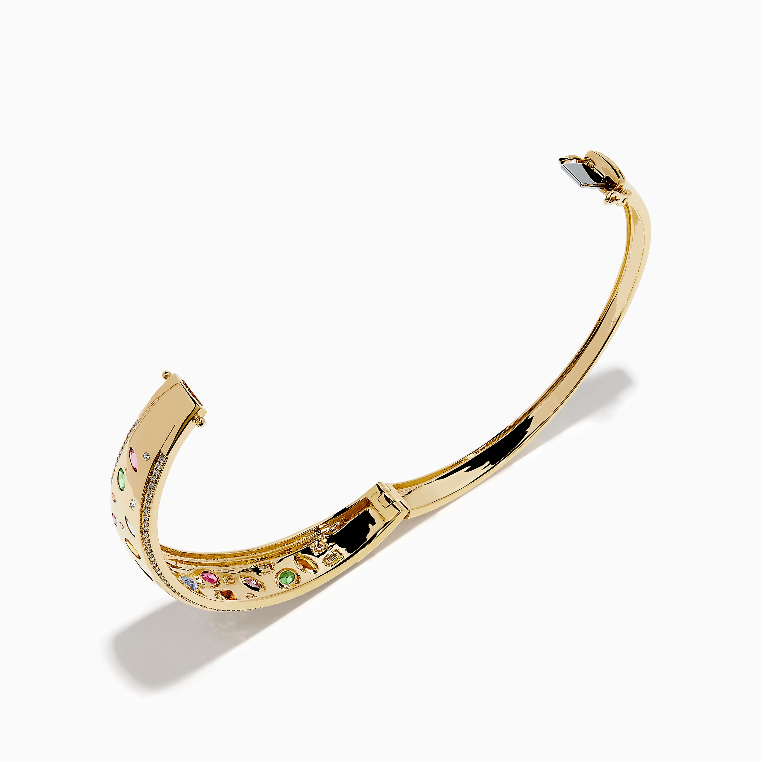 The Watercolors 14K Yellow Gold Multi Sapphire Diamond Bangle features sparkling diamonds and vibrant multi-colored sapphires in various shapes, all set against a plain white background.