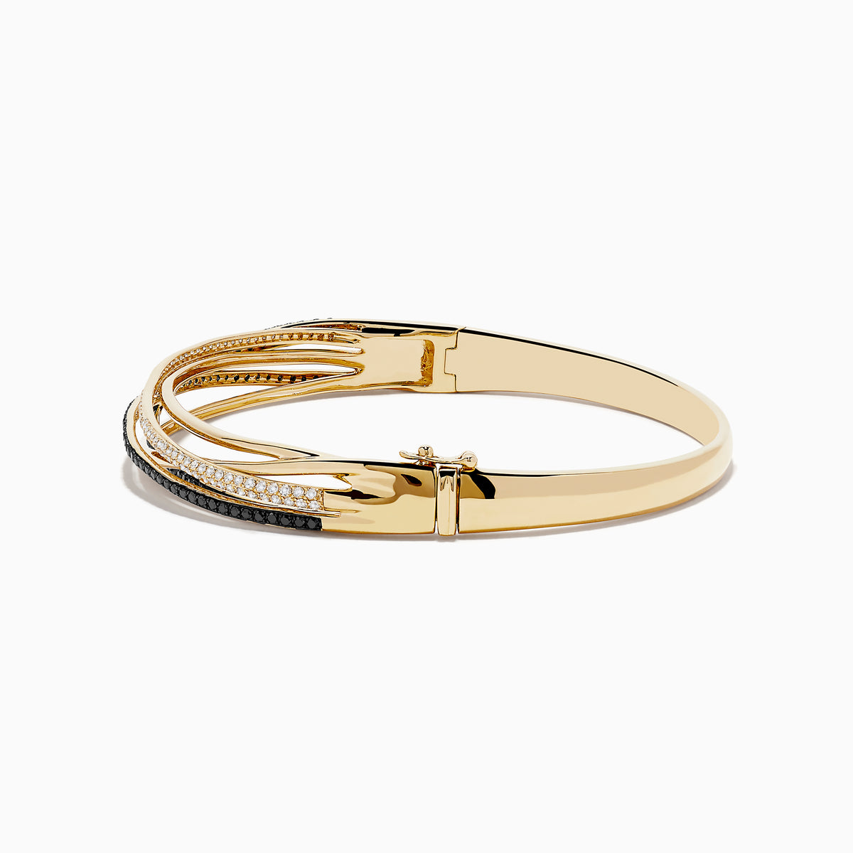 The 14K Yellow Gold Black and White Diamond Crossover Bracelet features overlapping bands adorned with rows of sparkling black and white diamonds, creating an elegant, multi-layered design.