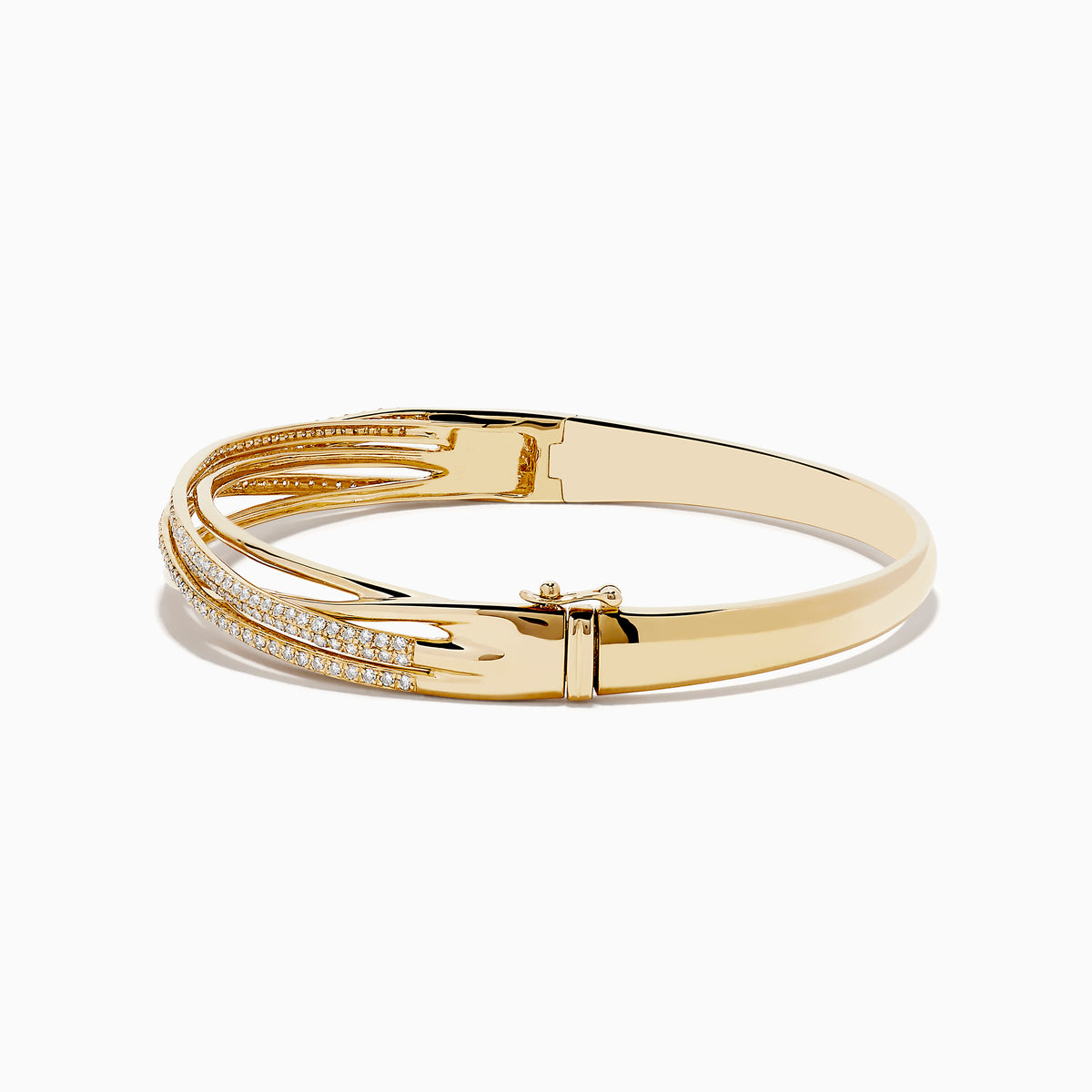 The 14K Yellow Gold Diamond Crossover Bracelet features multiple overlapping bands, some set with sparkling diamonds, for an elegant and intricate look.
