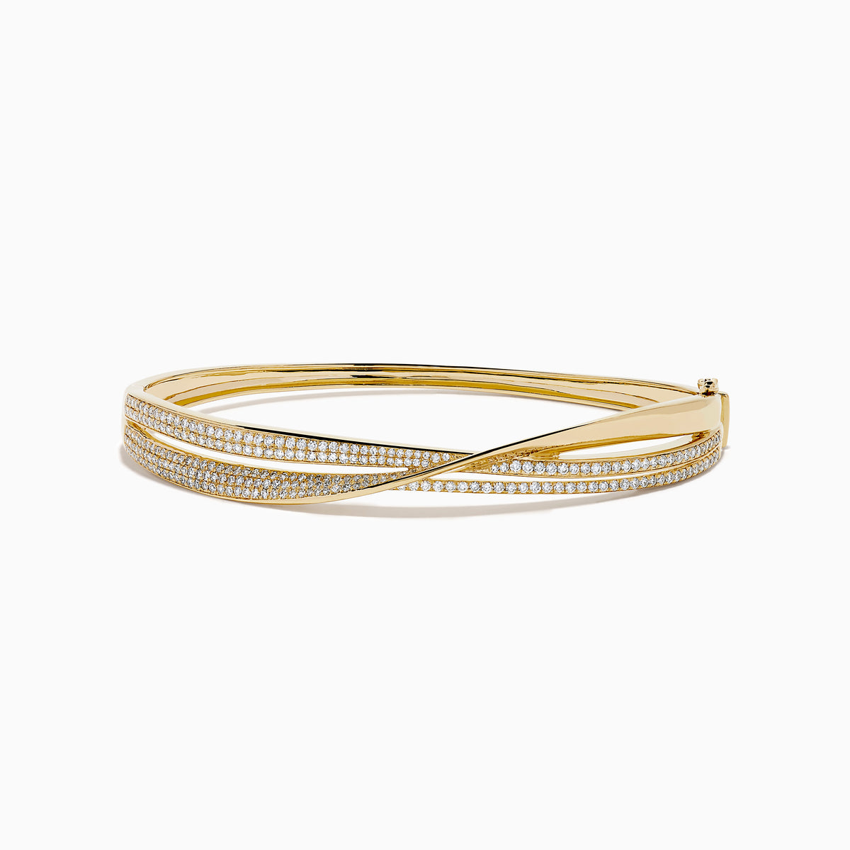 The 14K Yellow Gold Diamond Crossover Ribbon Bangle features overlapping bands in a crossover ribbon style, with some bands encrusted with sparkling diamonds for an elegant, layered look.