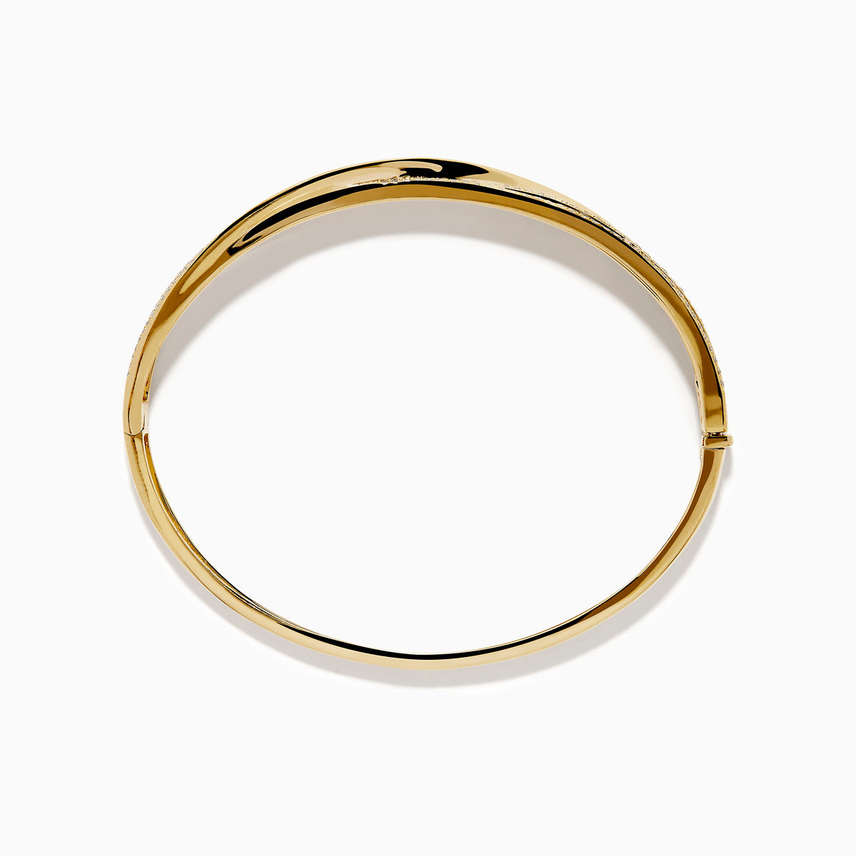 The 14K Yellow Gold Diamond Crossover Ribbon Bangle features overlapping bands in a crossover ribbon style, with some bands encrusted with sparkling diamonds for an elegant, layered look.