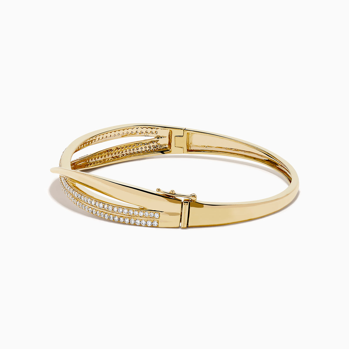 The 14K Yellow Gold Diamond Crossover Ribbon Bangle features overlapping bands in a crossover ribbon style, with some bands encrusted with sparkling diamonds for an elegant, layered look.