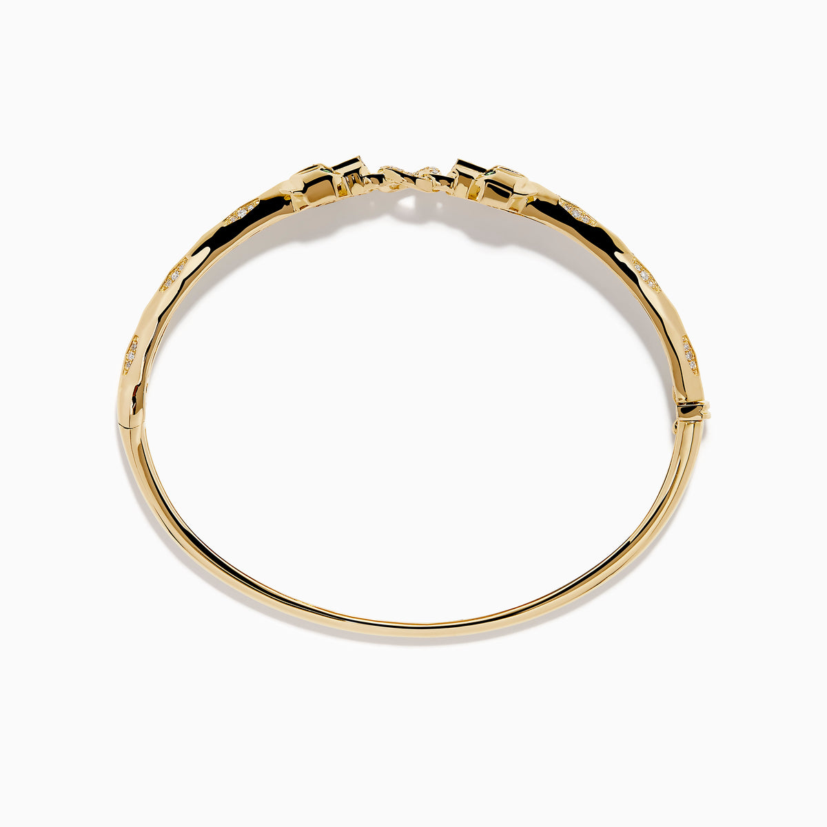 The Signature 14K Gold Diamond and Tsavorite Double Panther Head Bangle features two intertwined bands with geometric black and green enamel, diamond accents, and a panther motif, shown on a white background.