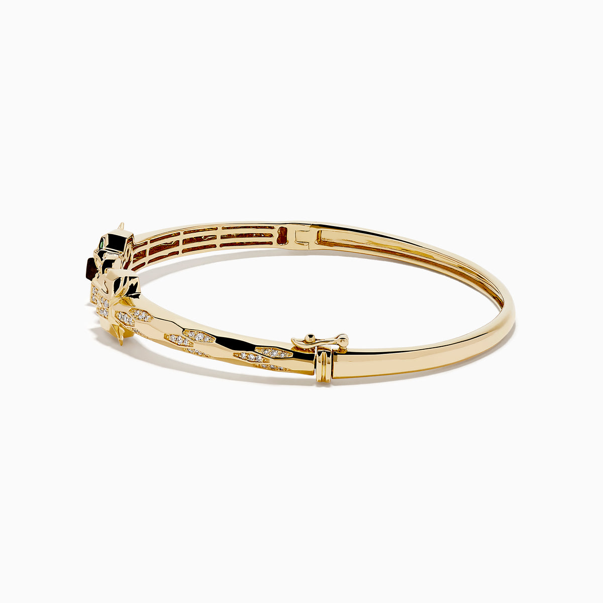The Signature 14K Gold Diamond and Tsavorite Double Panther Head Bangle features two intertwined bands with geometric black and green enamel, diamond accents, and a panther motif, shown on a white background.