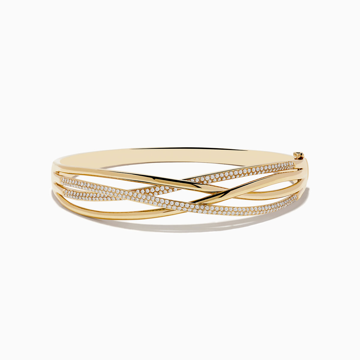 The Doro 14K Yellow Gold Diamond Crossover Bangle features interwoven gold bands, some set with sparkling white diamonds, for a sophisticated, shimmering look.