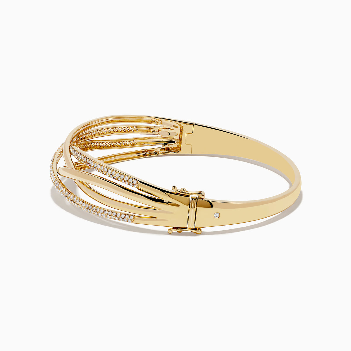 The Doro 14K Yellow Gold Diamond Crossover Bangle features interwoven gold bands, some set with sparkling white diamonds, for a sophisticated, shimmering look.