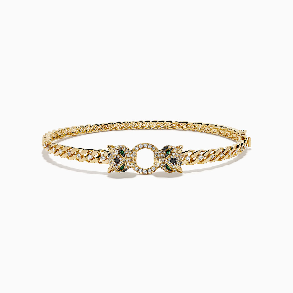 Introducing the Signature 14K Yellow Gold Diamond Chain-Link Panther Bangle Bracelet—a bold reinterpretation of the classic diamond bangle. This striking piece showcases an elegant chain-link design in 14K yellow gold, featuring two intricately sculpted panther heads adorned with green and clear gemstones, joined at the center by a sparkling, circular, gem-encrusted link.