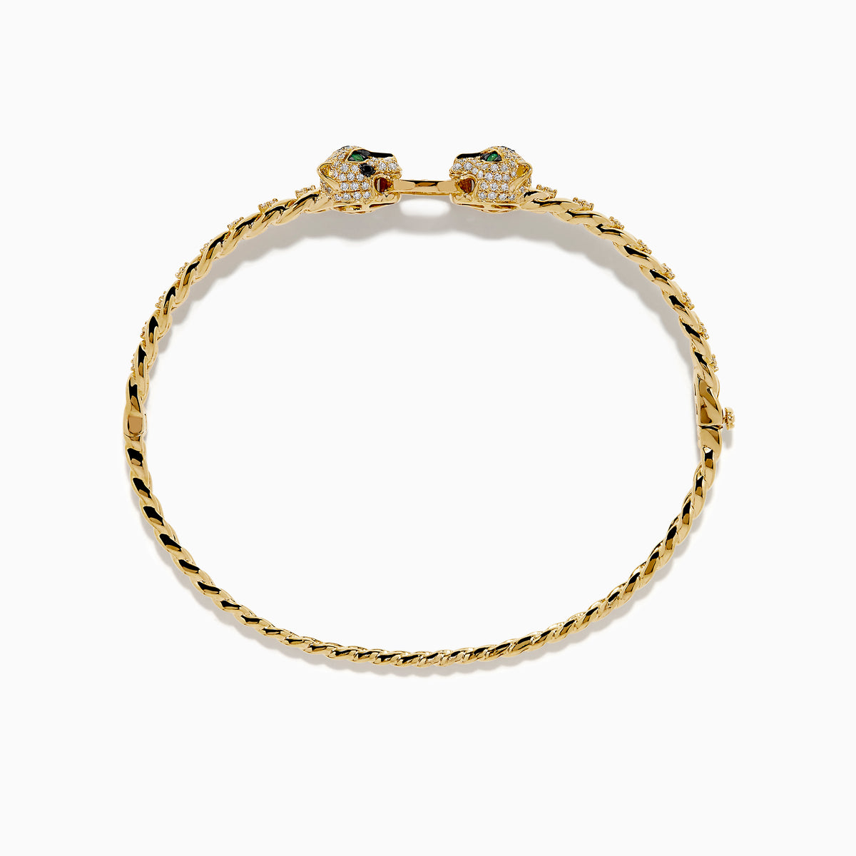 Introducing the Signature 14K Yellow Gold Diamond Chain-Link Panther Bangle Bracelet—a bold reinterpretation of the classic diamond bangle. This striking piece showcases an elegant chain-link design in 14K yellow gold, featuring two intricately sculpted panther heads adorned with green and clear gemstones, joined at the center by a sparkling, circular, gem-encrusted link.