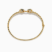 Introducing the Signature 14K Yellow Gold Diamond Chain-Link Panther Bangle Bracelet—a bold reinterpretation of the classic diamond bangle. This striking piece showcases an elegant chain-link design in 14K yellow gold, featuring two intricately sculpted panther heads adorned with green and clear gemstones, joined at the center by a sparkling, circular, gem-encrusted link.
